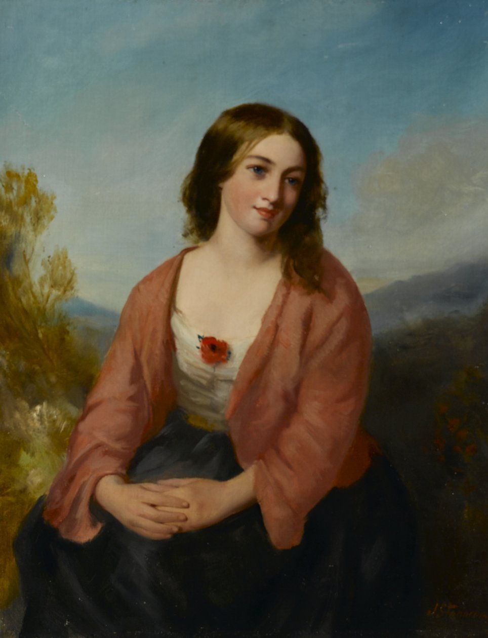 Nuori nainen vaaleanpunaisessa mekossa, 1800-luvun puoliväli tekijältä J. or H. Stannier