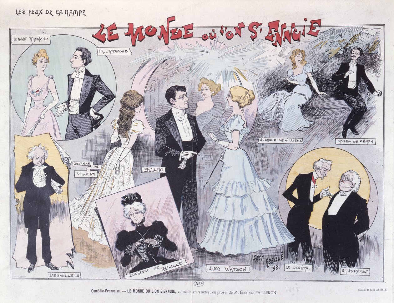 Juliste, joka mainostaa Edouard Pailleronin satiirista komediaa Le Monde ou Lon SEnnuie Comedie-Francaisessa, 1898 tekijältä Jack Abeille