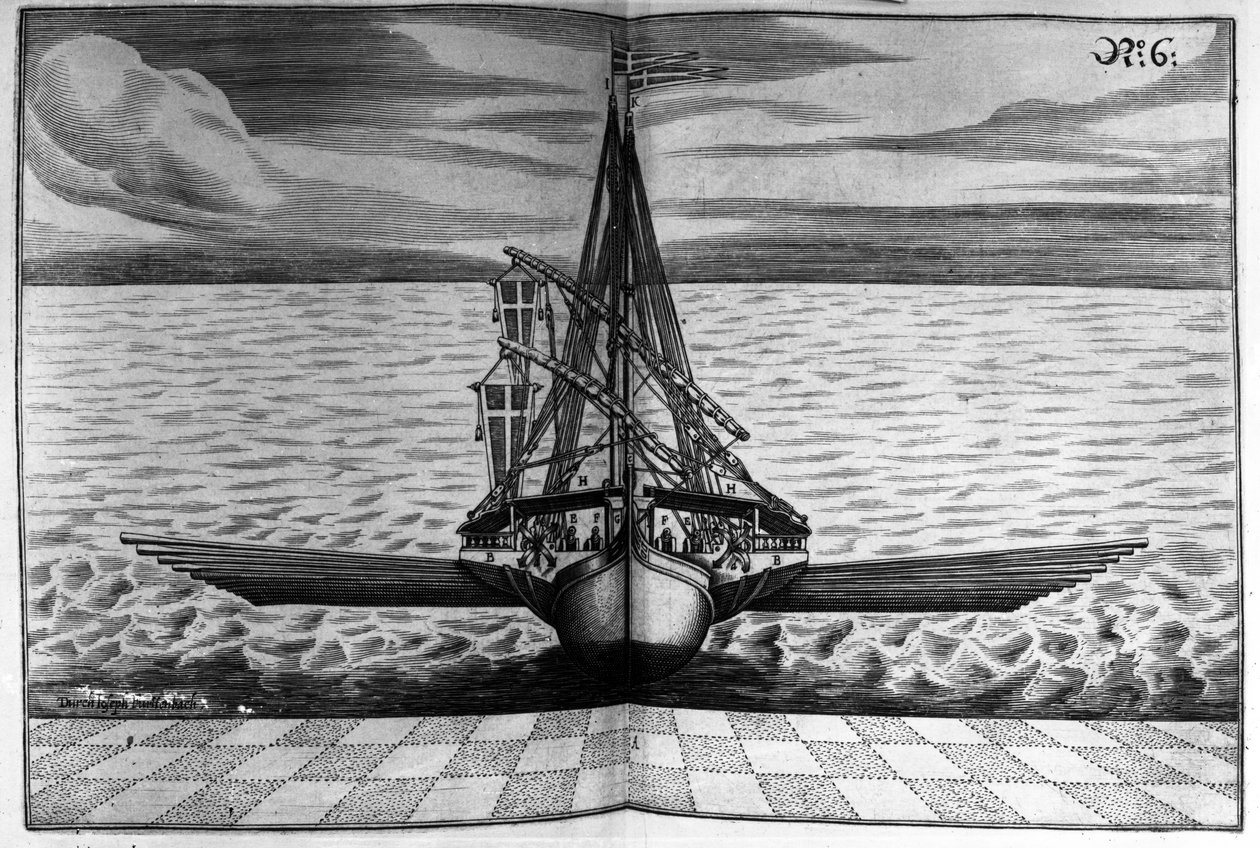 Näkymä edestä sota-aluksesta, jossa on kaksi mastoa, kuvitus Joseph Furrtenbachin julkaisusta "Architectura Martialis", julkaistu 1629 tekijältä Jacob Custodis