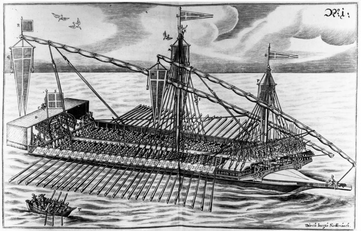 Sotalaiva, kuvitus Joseph Furrtenbachin "Architectura Martialisista", julkaistu 1629 tekijältä Jacob Custodis