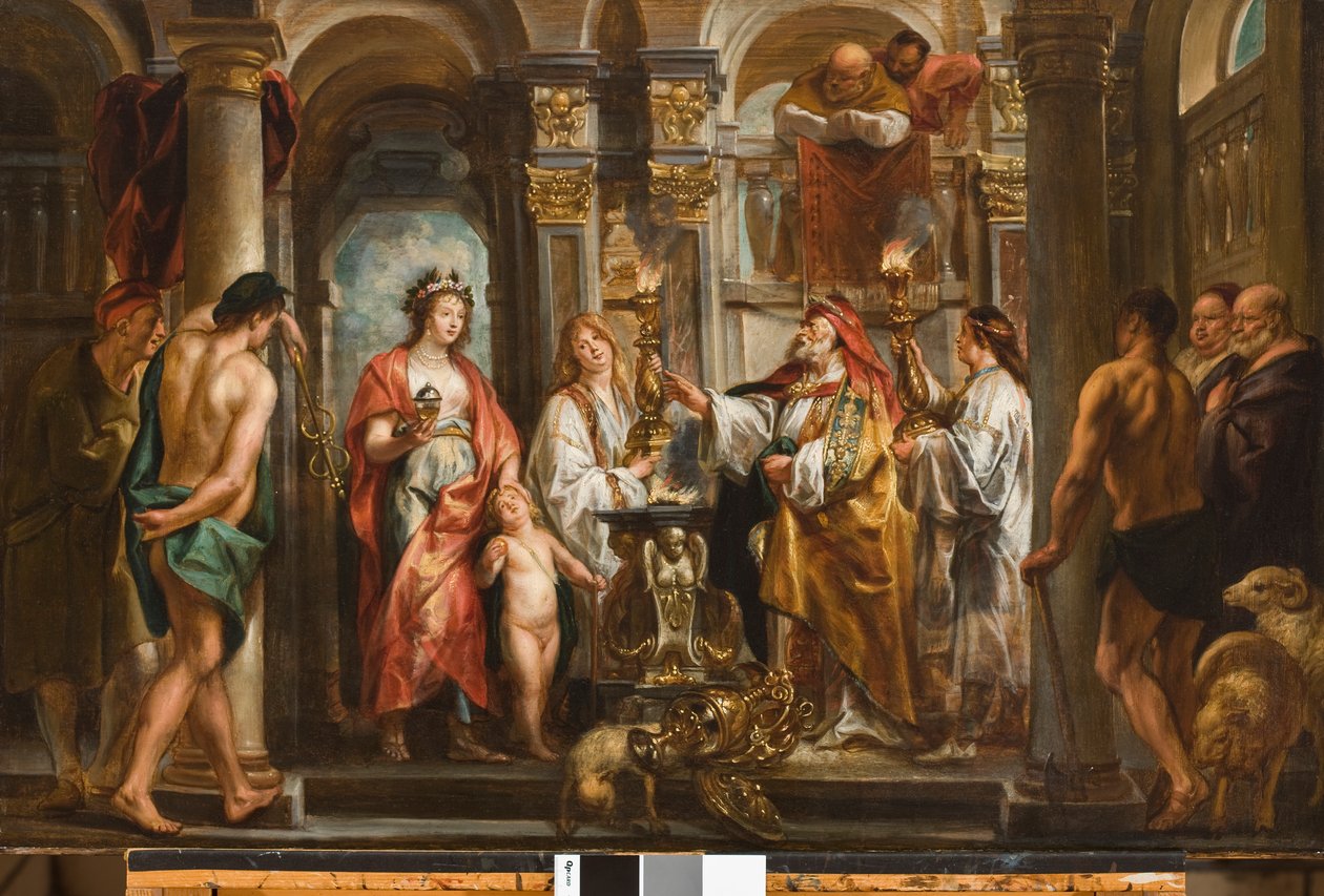 Oraakkeli (Thetis ja Achilles ennen oraakkelia) ennen vuotta 1643 (öljy paneelissa siirretty masoniittiin) tekijältä Jacob Jordaens