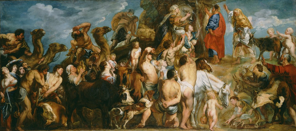 Mooses iskee vettä kalliolta, n. 1645-1650 tekijältä Jacob Jordaens