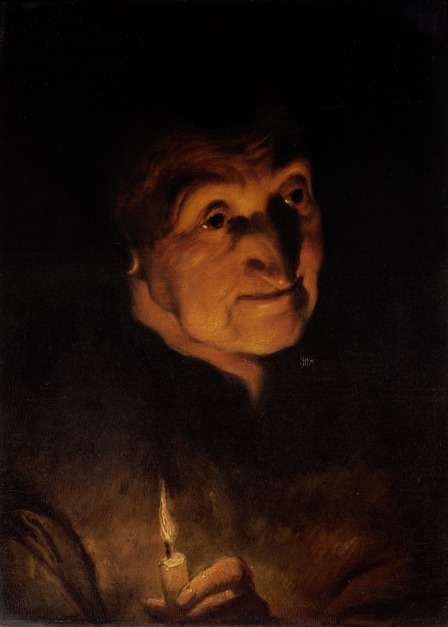 Tutkimus vanhasta naisesta, jolla on kynttilä kädessään tekijältä Jacob Jordaens