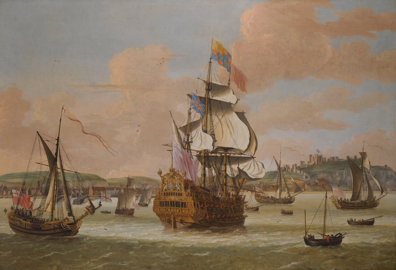 Charles II ja James, Yorkin herttua, H.M.S. Triumph, kolme Royal Yachts of Doveria tekijältä Jacob Knijff