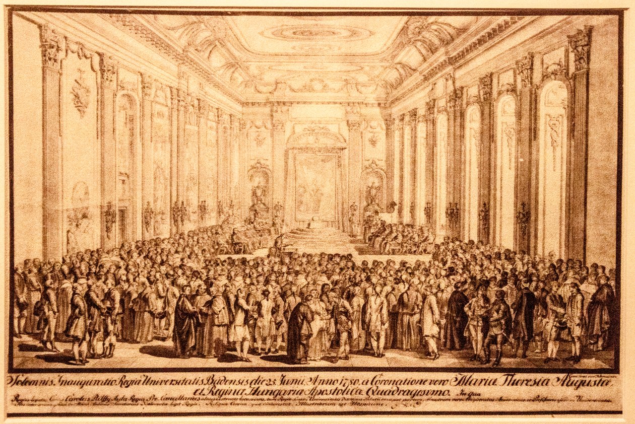 Yliopiston avajaisseremonia Budan palatsin tilassa 25. kesäkuuta 1780 tekijältä Jacob Mathias Schmutzer