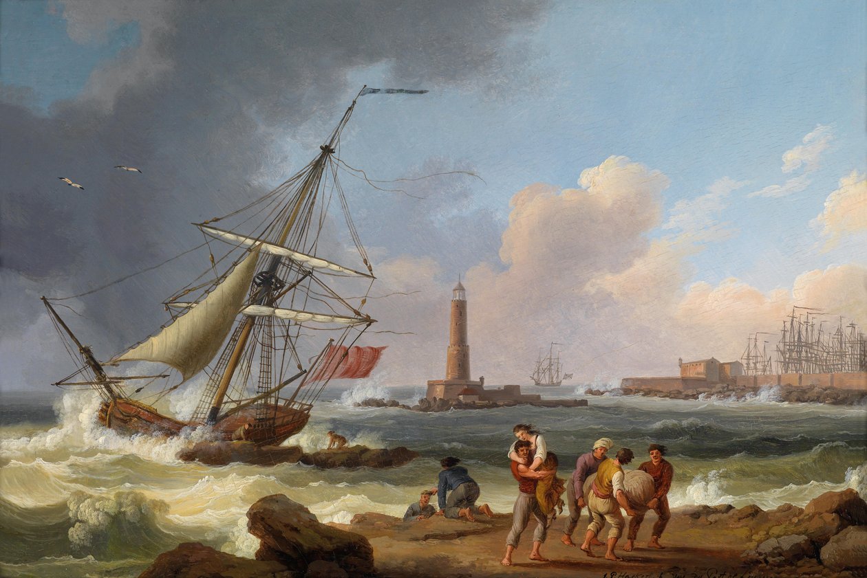 Der Hafen von Livorno mit der Rettung Schiffbrüchiger tekijältä Jacob Philippe Hackert