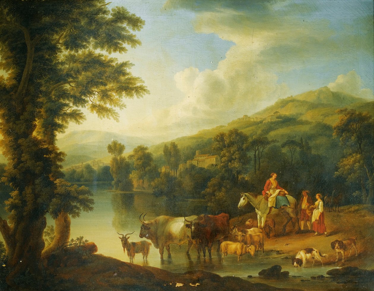 Flusslandschaft mit Reiterin tekijältä Jacob Philipp Hackert