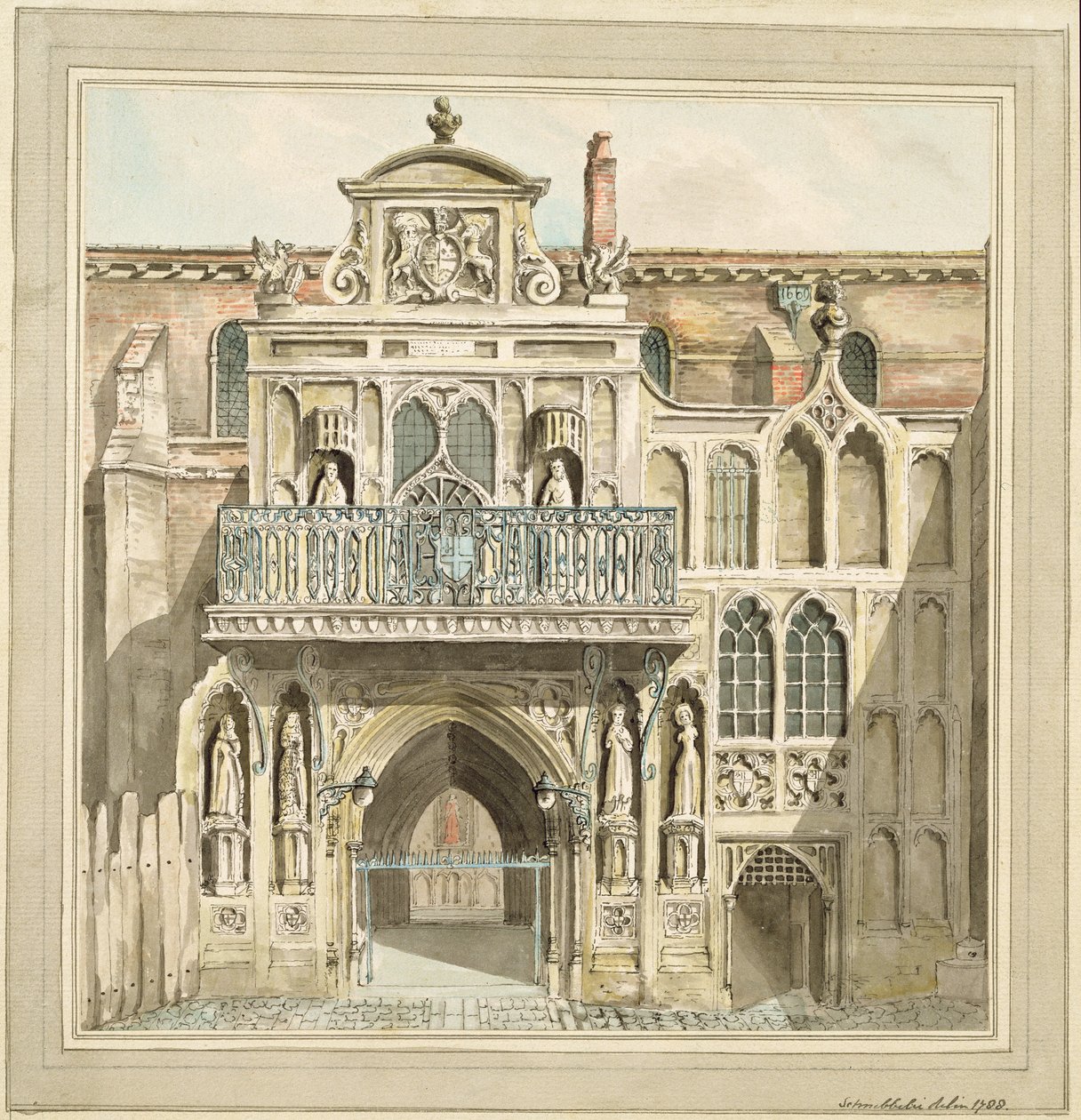 Guildhallin vanha julkisivu, City of London, 1788 (muste ja wc) tekijältä Jacob Schnebbelie