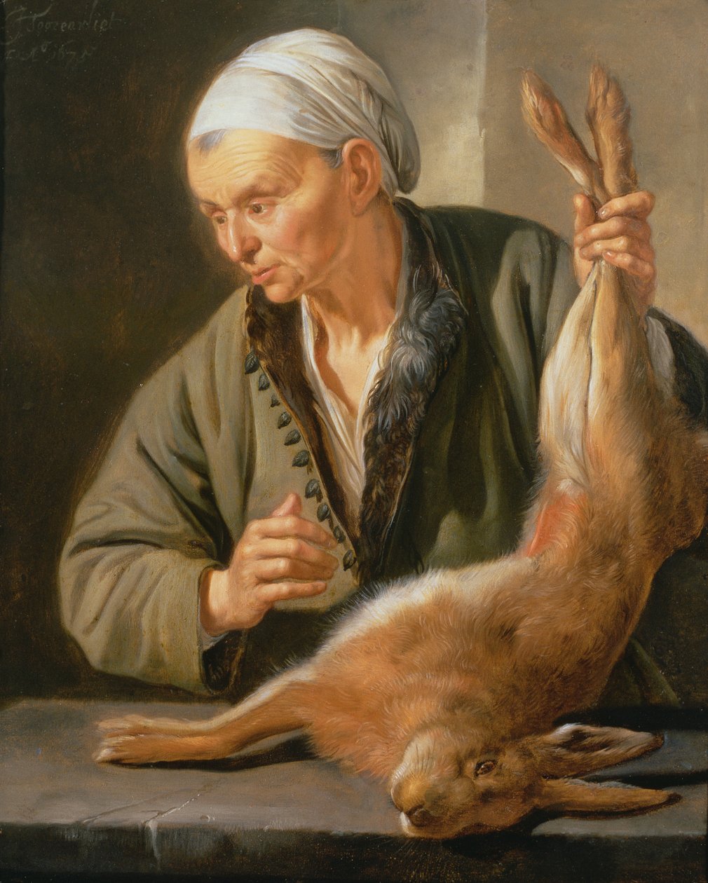 Nainen kuolleella jänisellä, 1675 tekijältä Jacob Toorenvliet