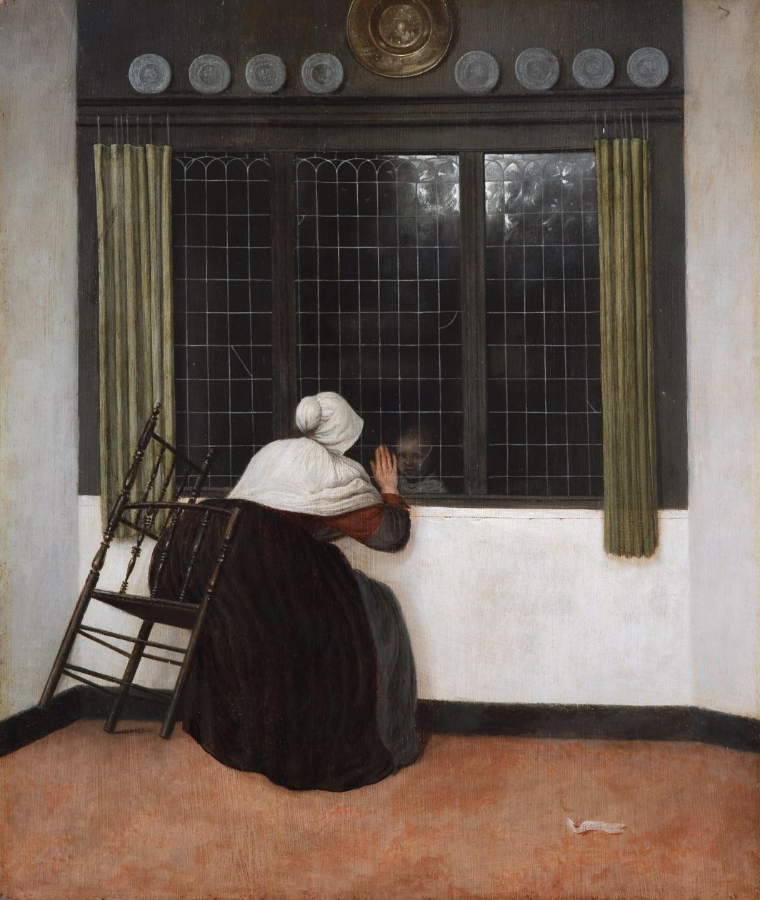 Femme à la fenêtre faisant signe à une fillette tekijältä Jacob Vrel
