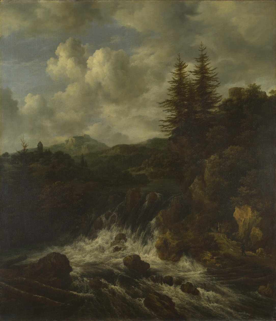 Maisema vesiputouksella ja linna kukkulalla tekijältä Jacob van Ruisdael