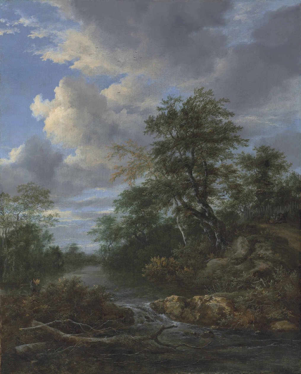 Metsäinen jokimaisema perheen kanssa levossa radalla tekijältä Jacob van Ruisdael
