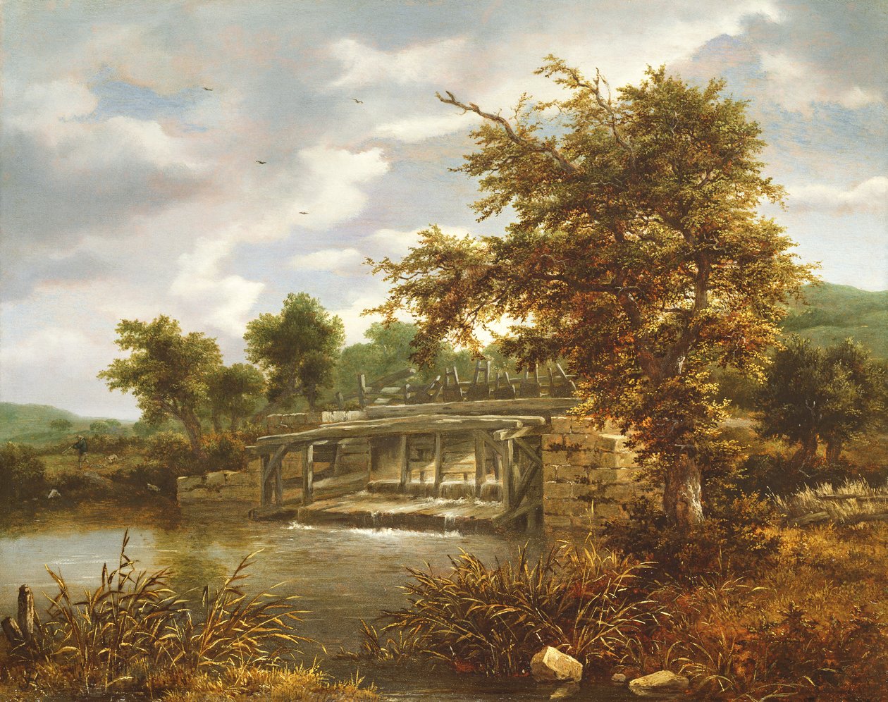 Metsäinen jokimaisema, jossa on sulkuportti tekijältä Jacob van Ruisdael