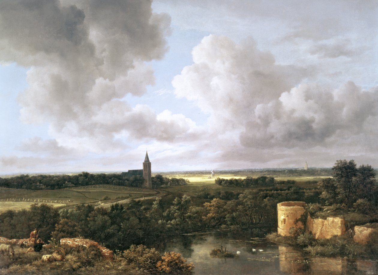 Maisema raunioineen linnan ja kirkon kanssa, n. 1665-1670 tekijältä Jacob van Ruisdael