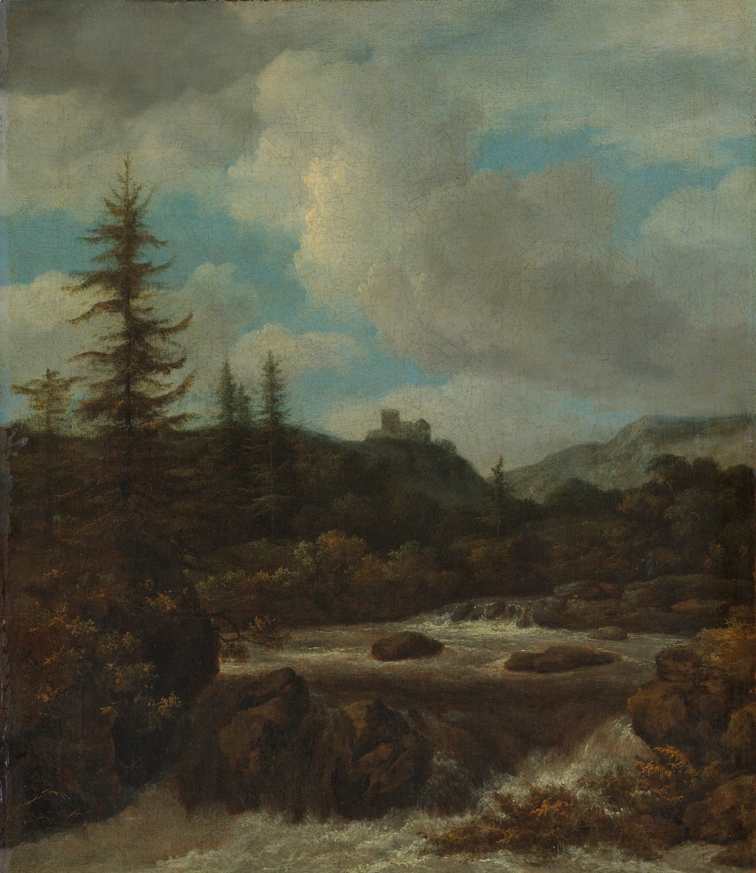 Maisema vesiputouksella linnan lähellä tekijältä Jacob van Ruisdael