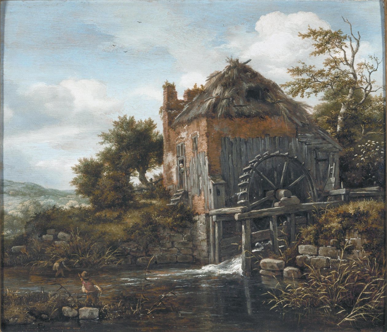 Maisema vesimyllyllä ja miehet leikkaavat ruoko tekijältä Jacob van Ruisdael