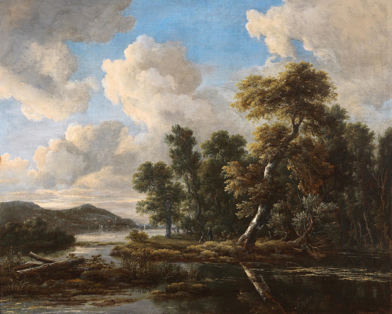 Joen maisema ja metsäiset pankit tekijältä Jacob van Ruisdael