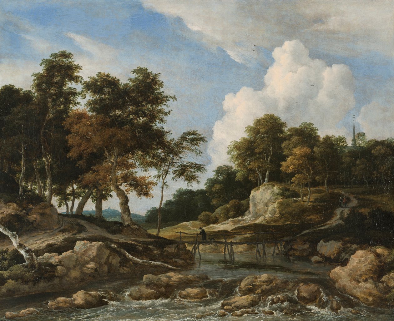 Metsäinen jokimaisema ja silta tekijältä Jacob van Ruisdael
