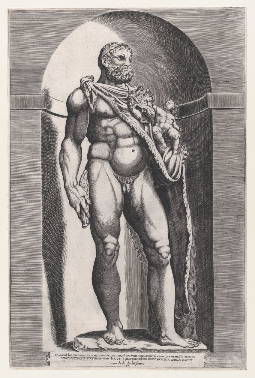 Rooman loiston peili: keisari Commodus Herkuleena, 1582, 1582. tekijältä Jacob(us) Bos.