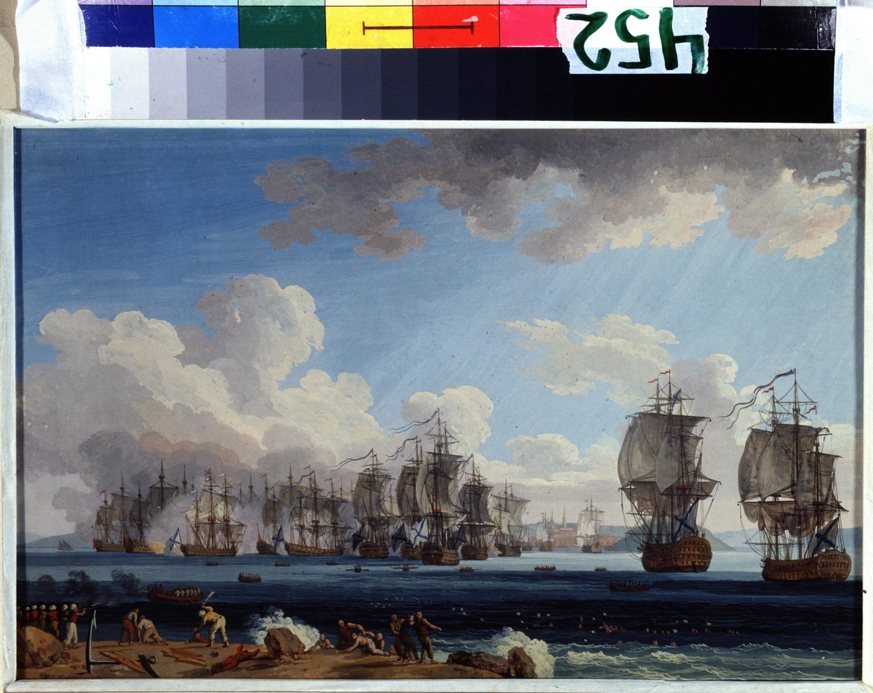 ""Chesman taistelu 5.7.1770"" (Chesman meritaistelu 5. heinäkuuta 1770) Se vastusti Katariina II:n Venäjän ja Ottomaanien valtakunnan laivastoja Kreikkaan Chiokseen (Orloffin vallankumous tai Orloffin retkikunta) veljet). guassimaalaus tekijältä Jacob Philippe Hackert