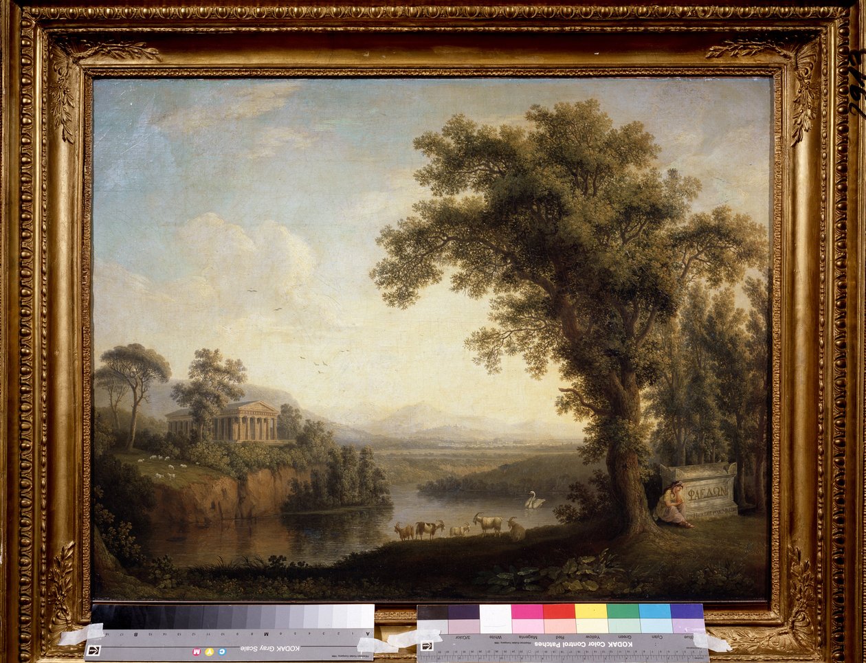 ""Antiikkimaisema Phaethonin haudalla"" (Antiikkimaisema Phaethonin haudalla) Clymene itkemässä poikansa haudalla. Jacob Philipp Hackertin maalaus sanoi Hackert Italiasta (1737-1807) 1785 Koko 65,5x89 cm Pushkin-museo, Moskova tekijältä Jacob Philippe Hackert