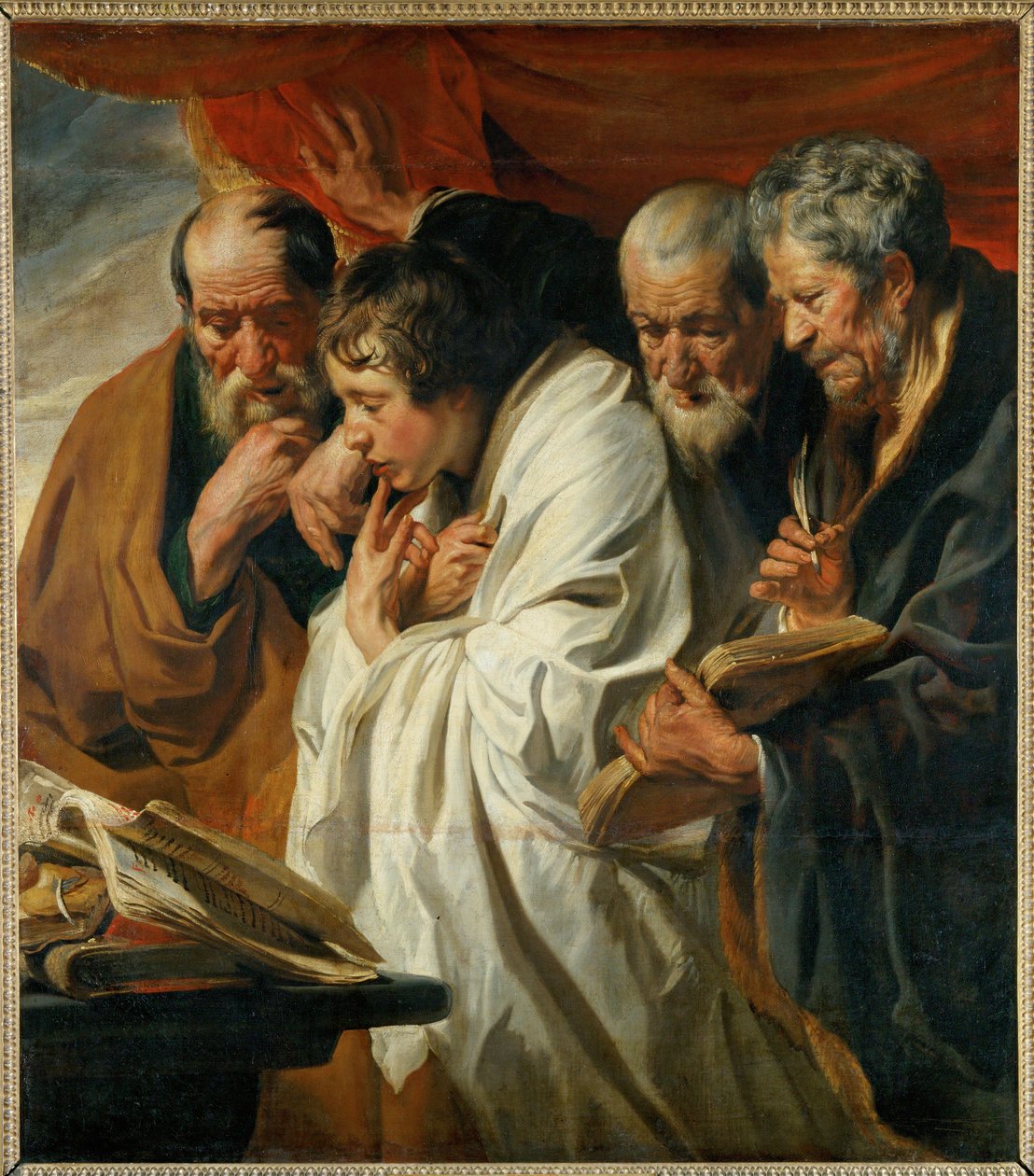 Neljä evankelistaa, Matteus, Luukas, Markus ja Johannes ... tekijältä Jacob (studio of) Jordaens