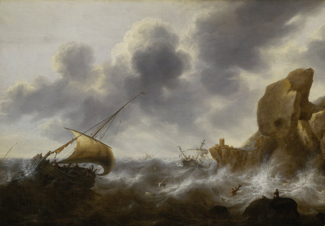 Kalastusvene kalliorannikolla myrskyssä ja haaksirikko, n.1664-65 (öljy paneelille). tekijältä Jacob Adriaensz. Bellevois