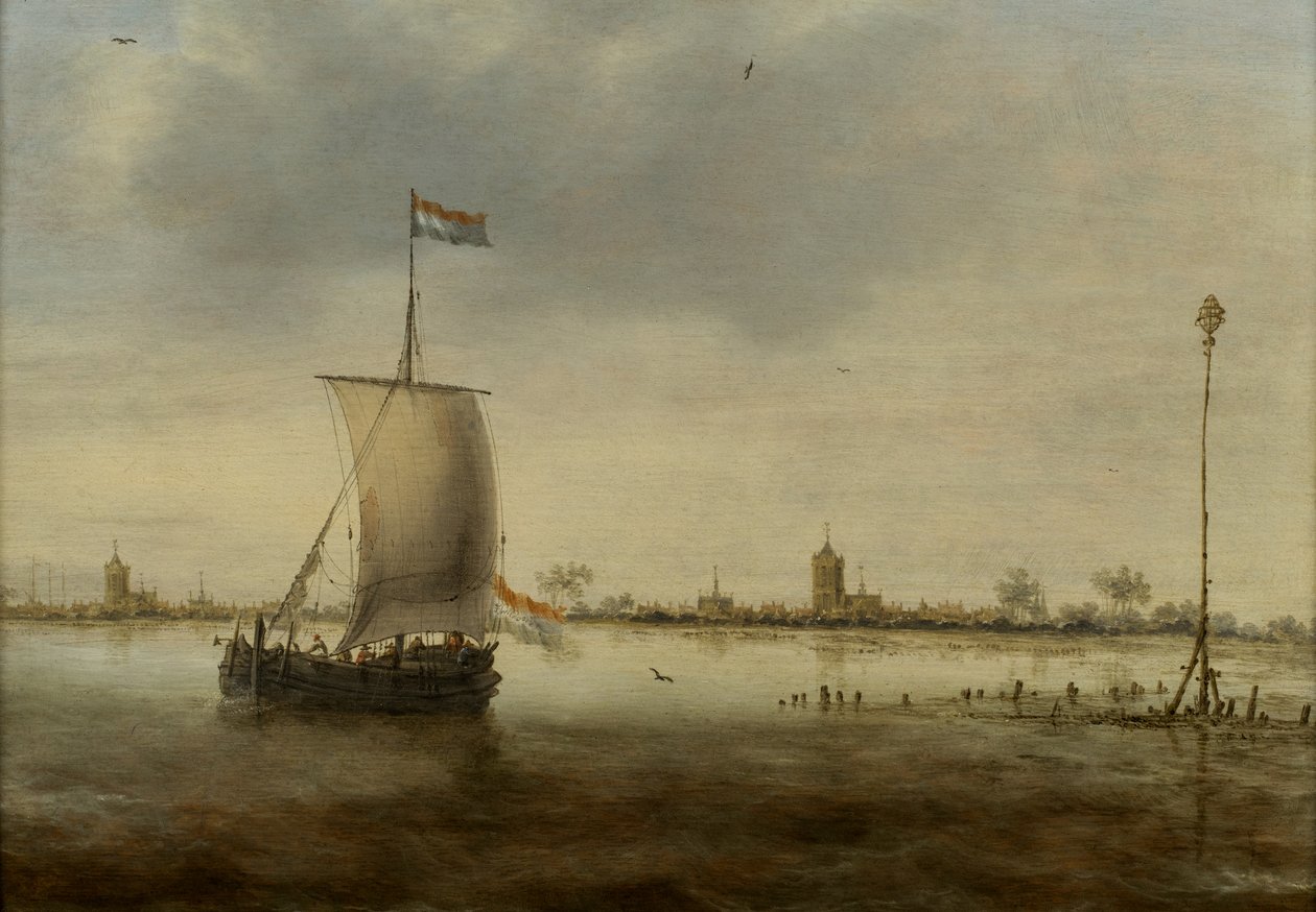 Purjelaiva hollantilaisen kaupungin rannikolla, jonka uskotaan olevan Schoonhoven tekijältä Jacob Adriaensz. Bellevois