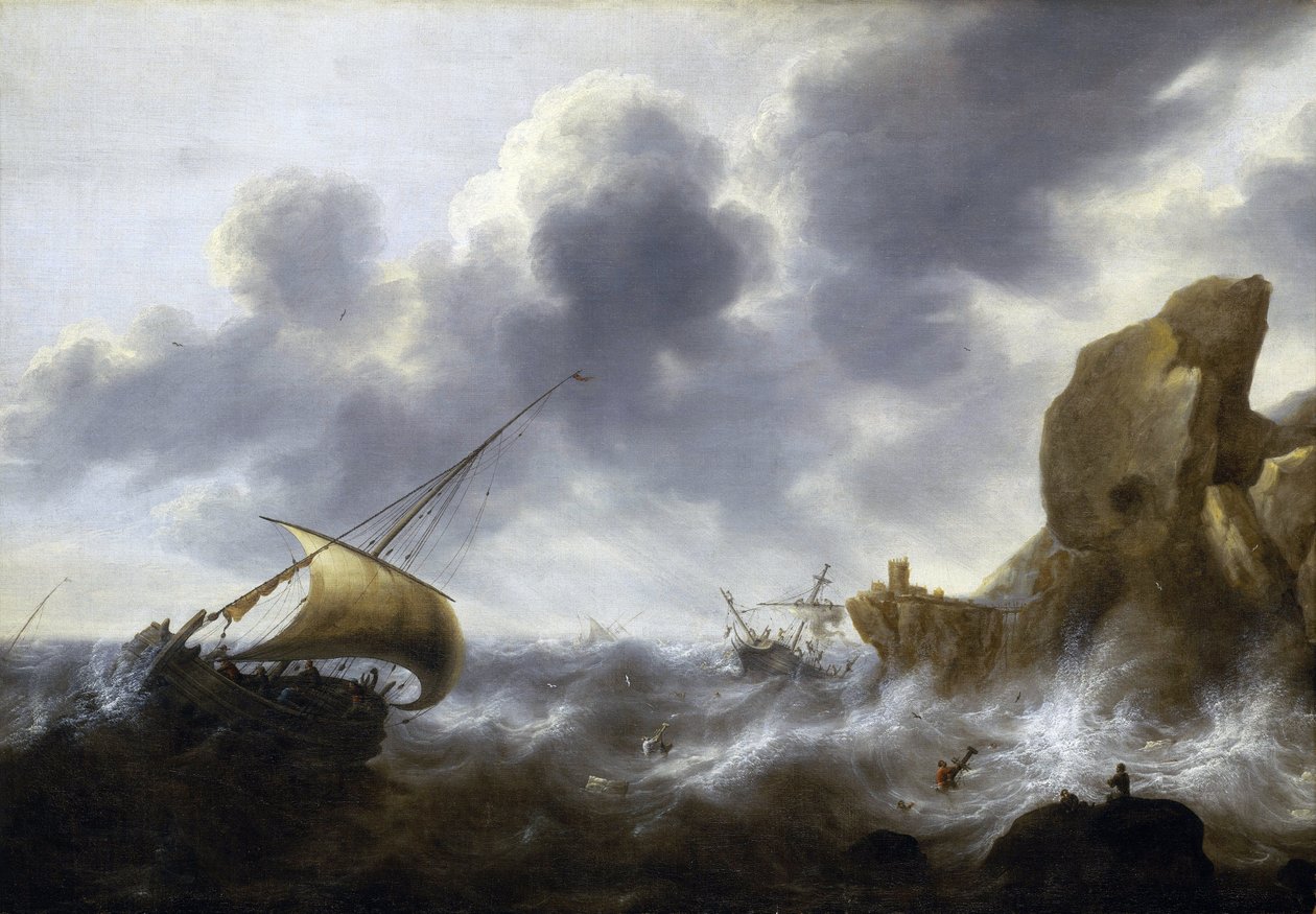 Myrskyyn joutunut kalastusalus kalliorannikon lähellä, jossa on haaksirikko. Jacob Adriaensz Bellevoisin (1621-1675) öljy kankaalle. tekijältä Jacob Adriaensz. Bellevois