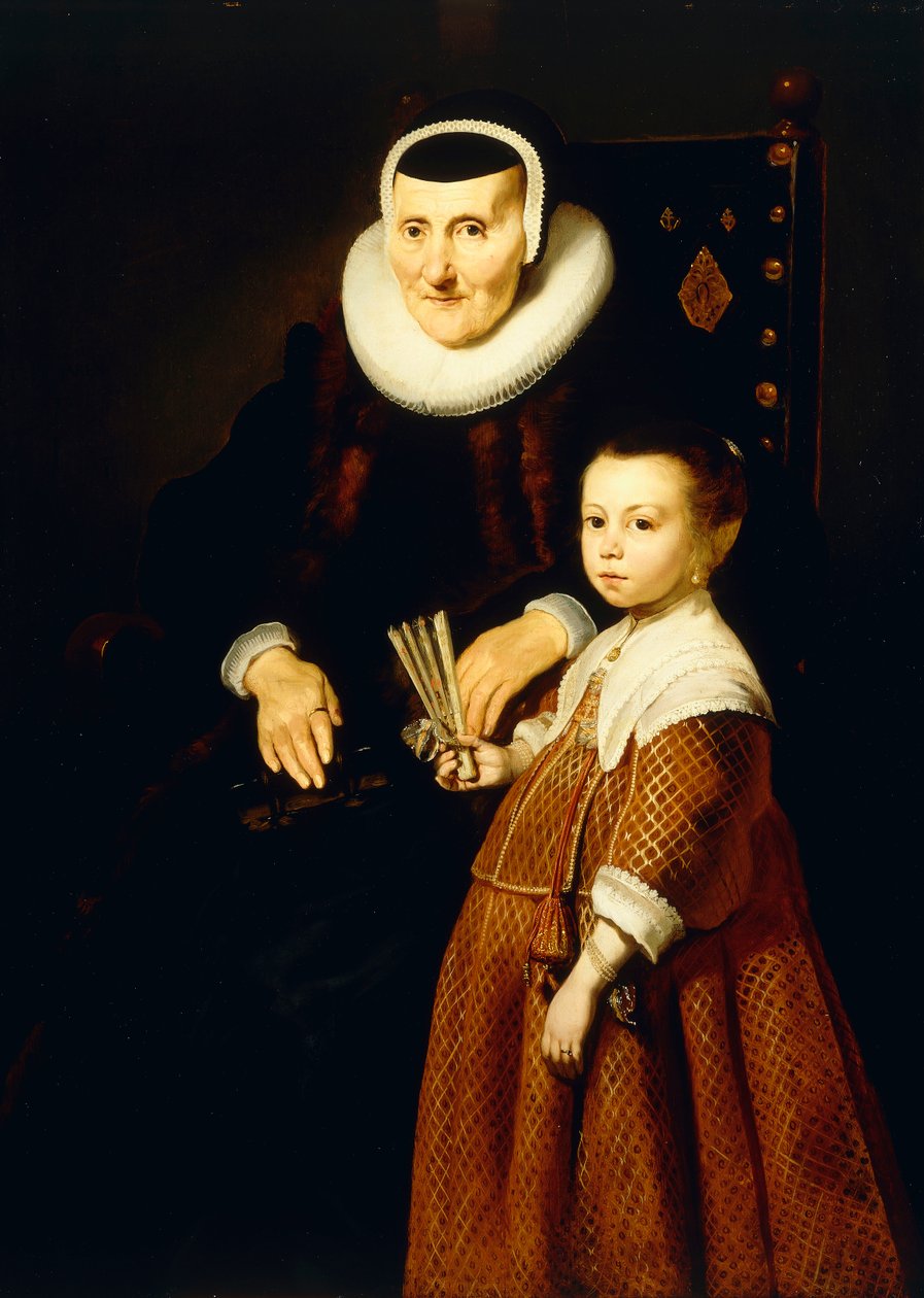 Naisen muotokuva, 80 v. tytön kanssa, 6 v., kolme neljäsosaa, n. 1632-33 tekijältä Jacob Adriensz Backer