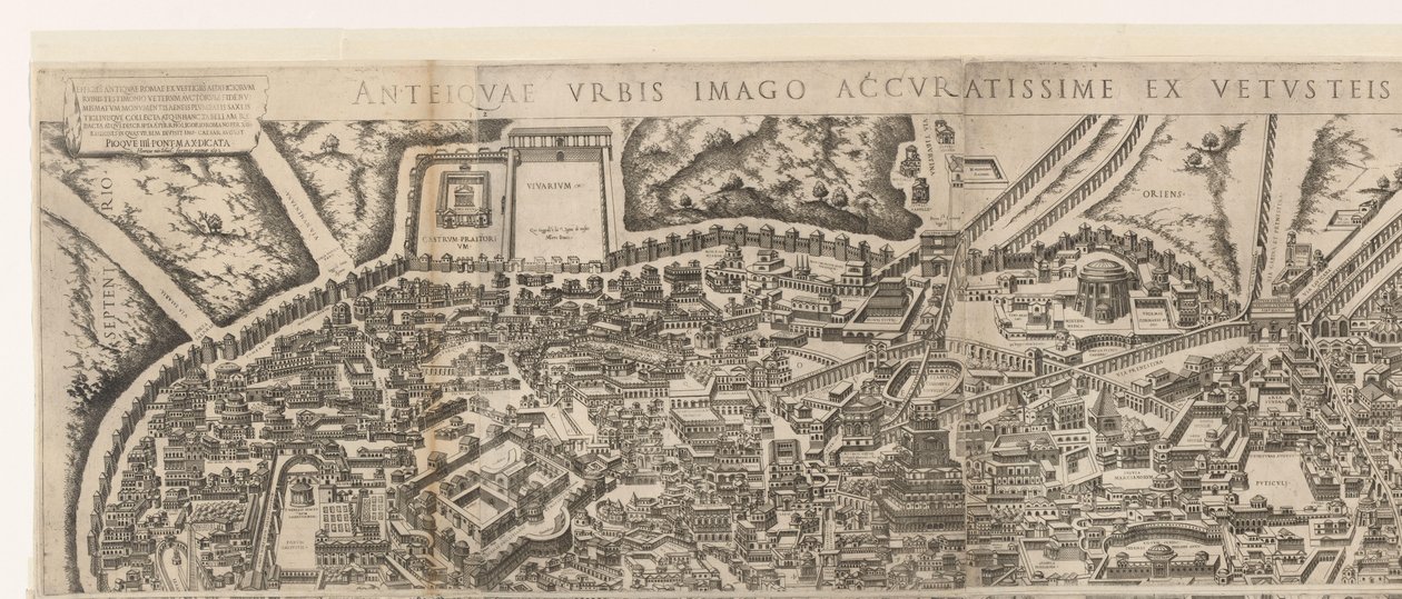 Plattegrond van Rome ten tijde van keizer Augustus (bovenste blad) (otsikko esineessä) Muinaisen Rooman hahmoja raunioituneiden rakennusten jäljestä (nimi esineessä) tekijältä Jacob Bos
