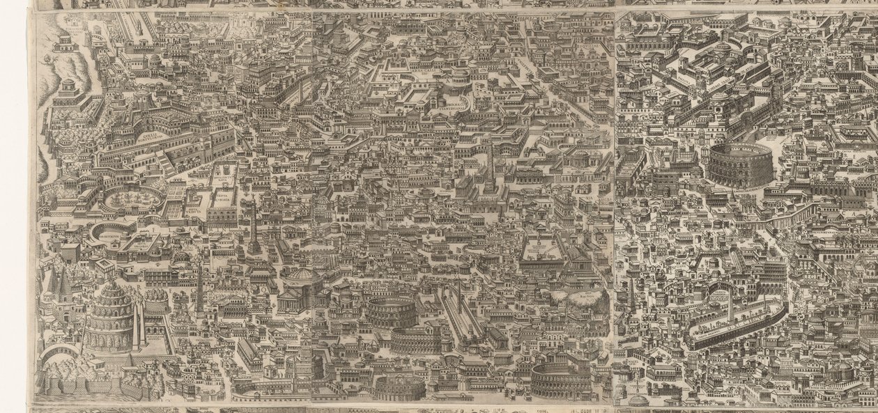 Plattegrond van Rome ten tijde van keizer Augustus (keskimmäinen blad) Erittäin tarkka kuva muinaisesta kaupungista muodostettu muinaisista monumenteista Muinaisen Rooman hahmoja raunioituneiden rakennusten jälkistä tekijältä Jacob Bos