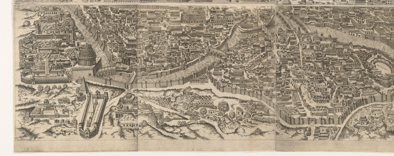 Plattegrond van Rome ten tijde van Keizer Augustus (onderste blad) Erittäin tarkka kuva muinaisesta kaupungista muodostettu muinaisista monumenteista Muinaisen Rooman hahmoja raunioituneiden rakennusten jäljestä (...) tekijältä Jacob Bos