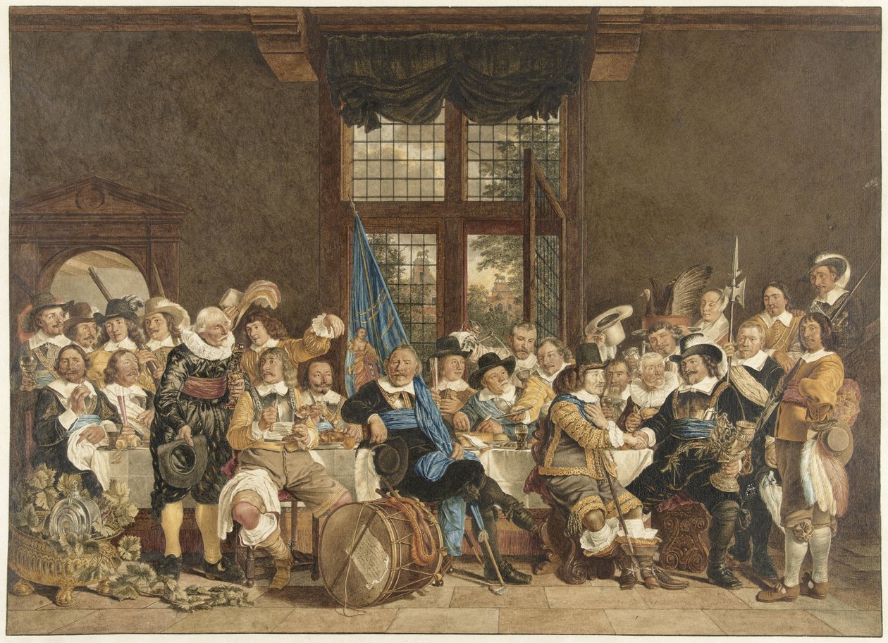 Miliisin ateria Voetboogdoelenissa Amsterdamissa Munsterin rauhan solmimisen kunniaksi 18. kesäkuuta 1648 tekijältä Jacob  Cats