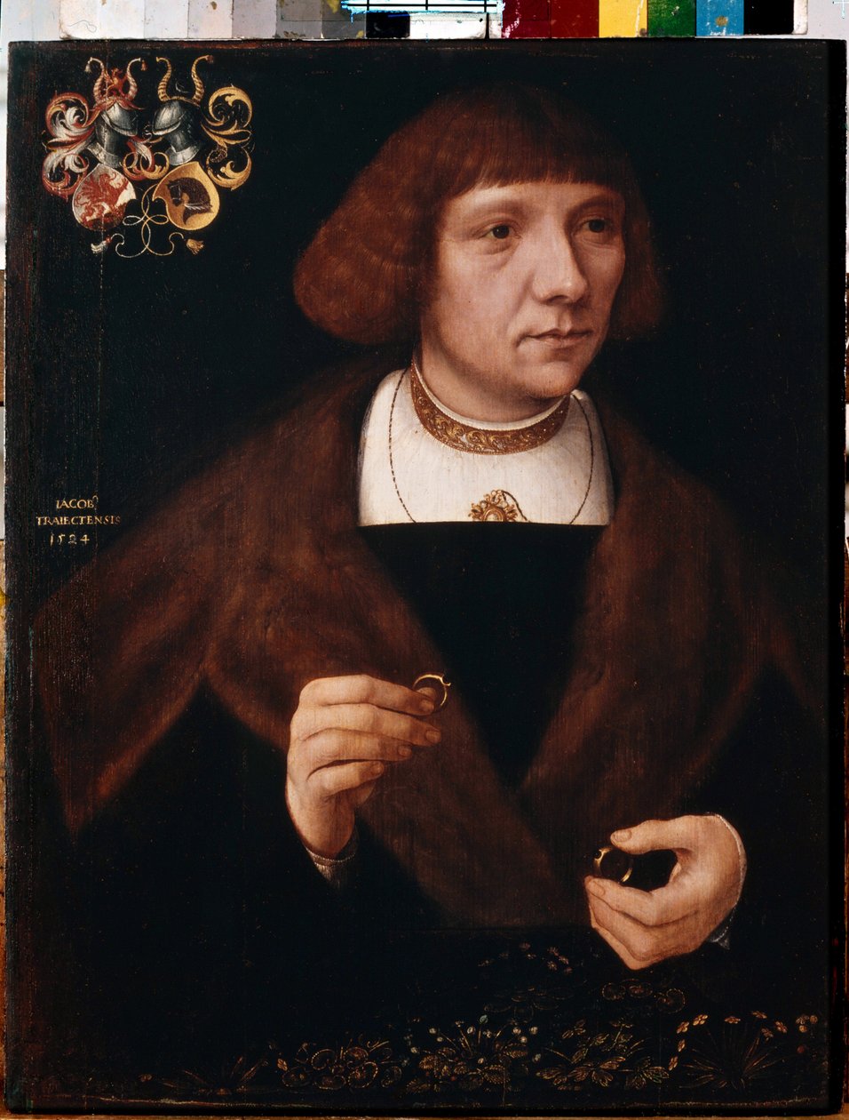 Muotokuva miehen sormuksista. Mies muotokuva sormuksista. Jacob van Utrechtin maalaus (noin 1479-1525 jälkeen) tekijältä Jacob Claesz. von Utrecht