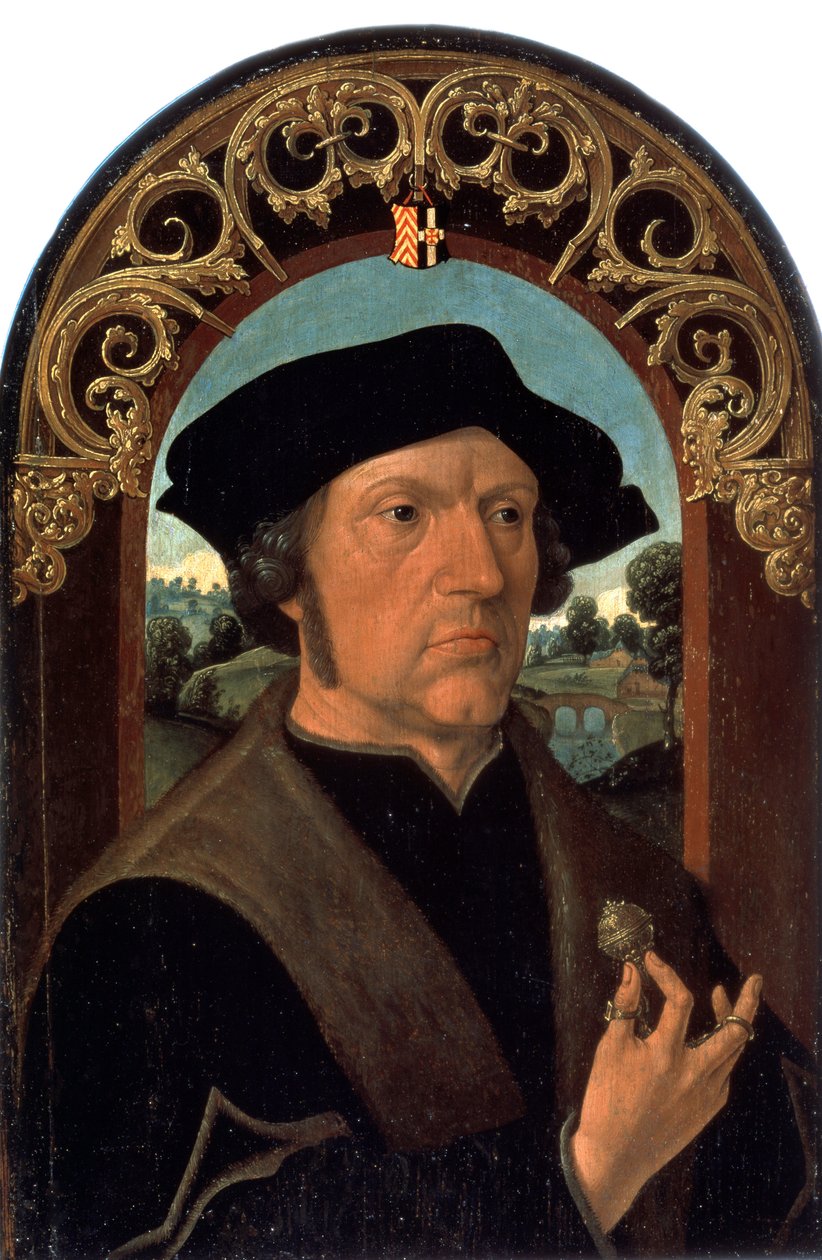 ""Miehen muotokuva"" (Miehen muotokuva) Hollannin porvaristoon kuuluvan miehen muotokuva kädessään hopeajalokiveä. Jacob Cornelisz van Oostsasen maalaus (noin 1470-noin 1533) Pietarin Eremitaaši tekijältä Jacob Cornelisz van Oostsanen