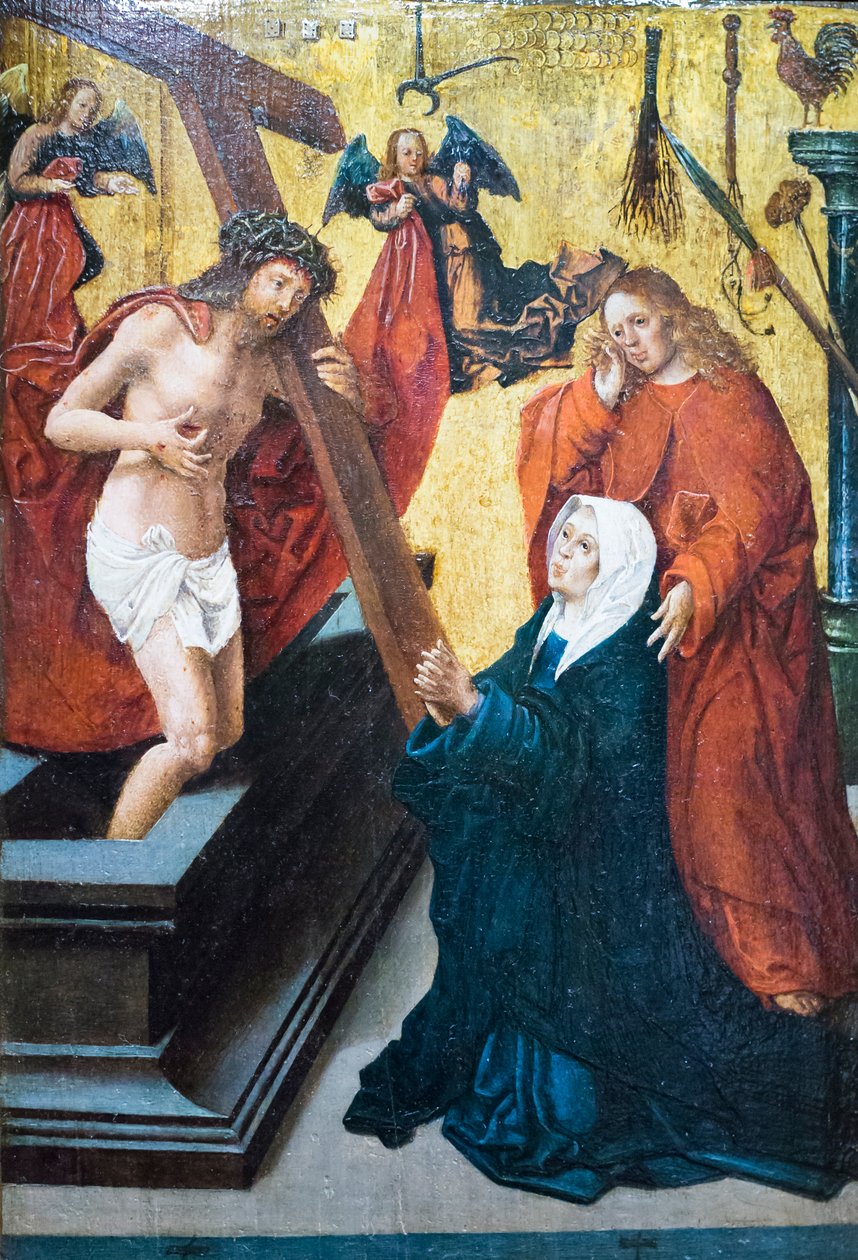 Ylösnoussut Kristus Madonnalle ja evankelistalle Johannes ilmestyvän intohimon symbolin kanssa tekijältä Jacob Cornelisz van Oostsanen
