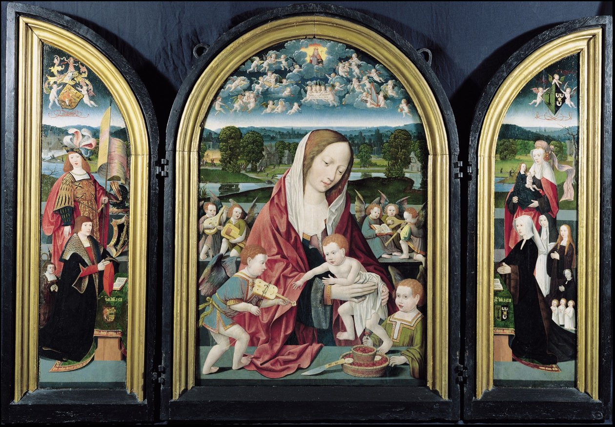 Neitsyt ja lapsi musiikkia tekevien enkelien ja Sampsons-Coolenin perheen kanssa, Triptyykki, 1500-1525 tekijältä Jacob Cornelisz van Oostsanen