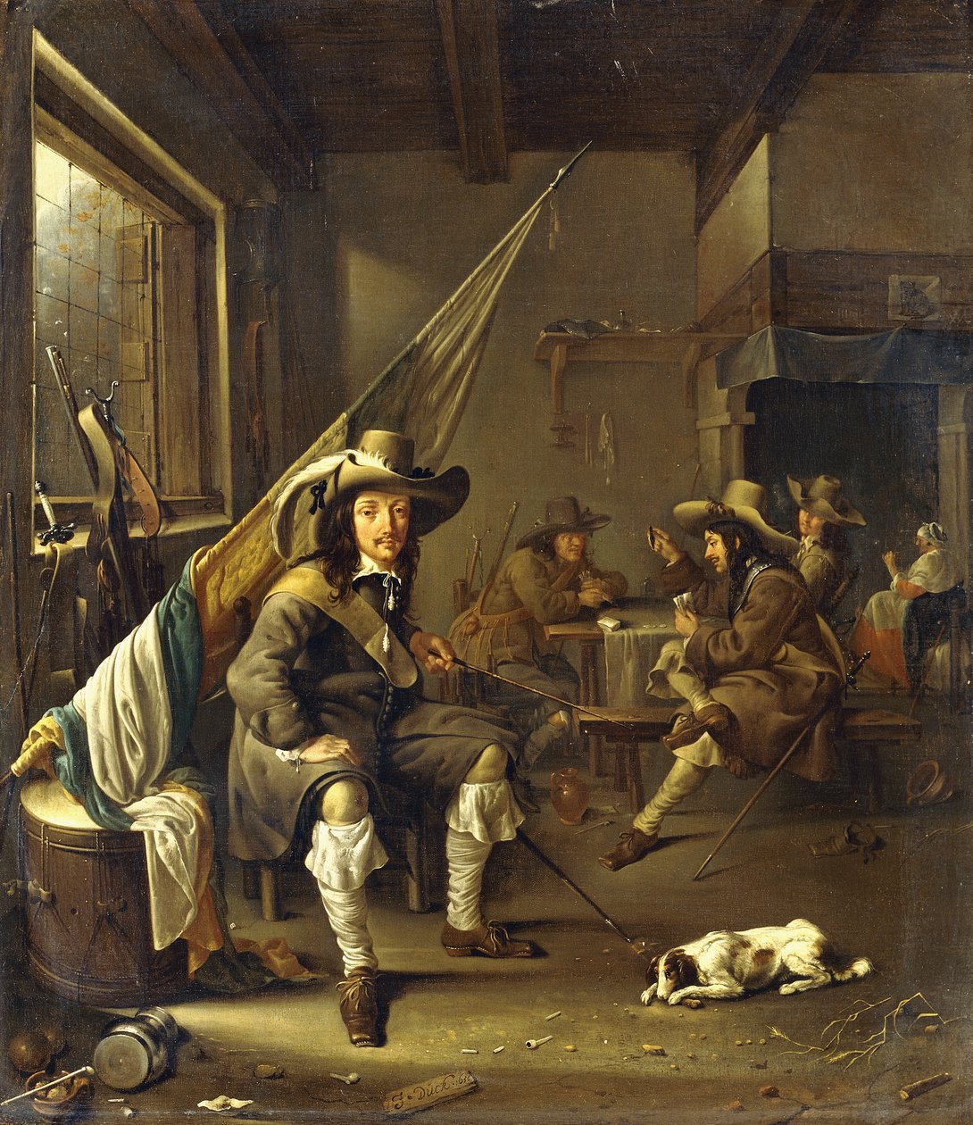 Istuva kavalieri sotilaiden kanssa pelaamassa kortteja, 1655 tekijältä Jacob Duck