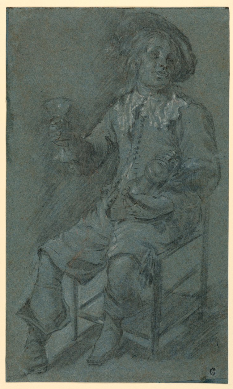 Piirros, Istuva ratsumies viinilasin kanssa, 1650-60 tekijältä Jacob Duck