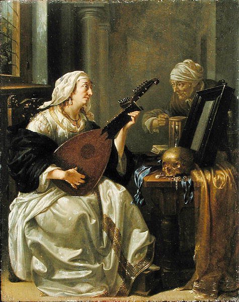 Nainen Theorbon kanssa, Vanitas, n. 1660 (öljy paneelissa) tekijältä Jacob Duck