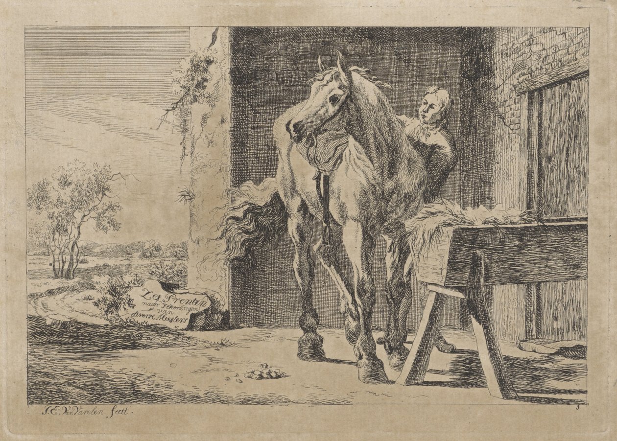 Figuuri hevosen kanssa seimessä Kuusi vedosta eri mestareiden piirustusten jälkeen (sarjan nimi esineellä) tekijältä Jacob Elias van Varelen