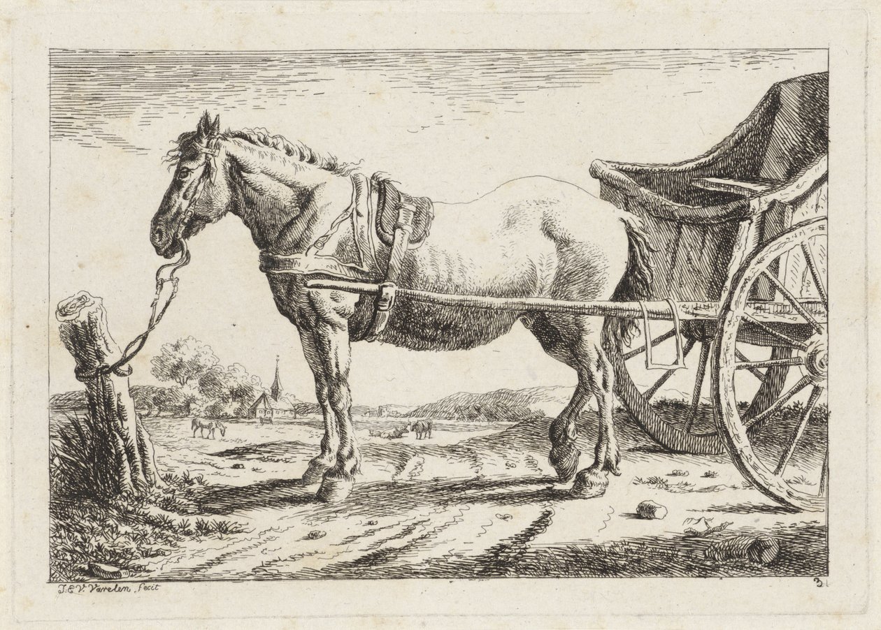 Pysyvä hevonen kiinnitettynä vaunujen eteen Kuusi vedosta eri mestareiden piirustusten jälkeen (sarjan nimi) tekijältä Jacob Elias van Varelen