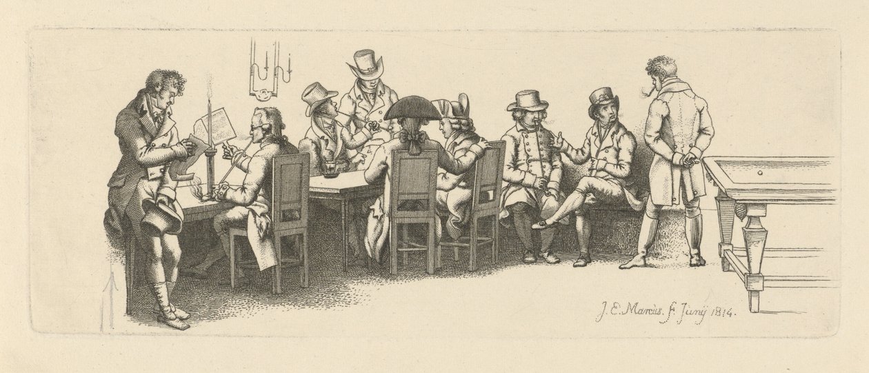 Miehet kahvilassa, jossa on biljardihuone, 1814 tekijältä Jacob Ernst Marcus