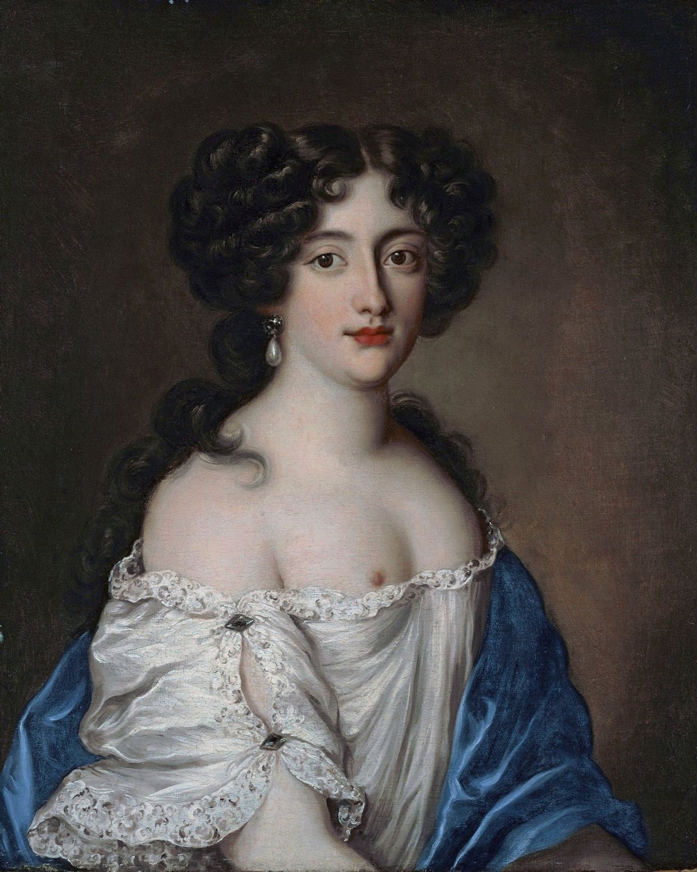 Ranska: Portrait de Hortense Mancini, duchesse de Mazarin, comme Aphrodite Muotokuva Hortense Mancinista (1646-1699), Mazarinin herttuattaresta, Afroditena. tekijältä Jacob Ferdinand Voet