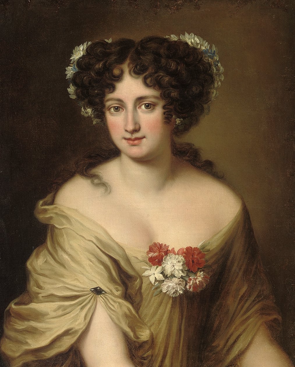 Contessa Ortensia Ianni Stellan muotokuva, rinnanpituus, norsunluupuku, kukkia hiuksissaan tekijältä Jacob Ferdinand Voet