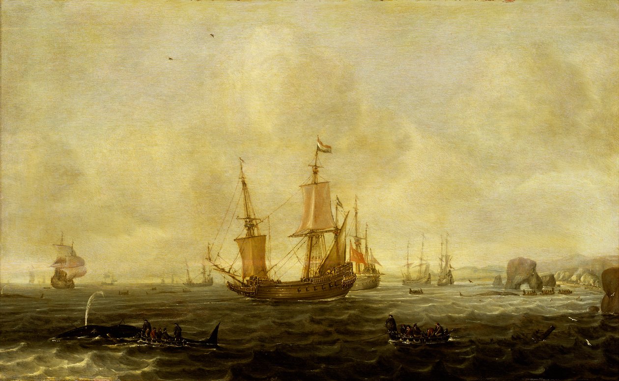 Hollantilainen valaanpyyntilaivasto, 1600-luvun puoliväli (öljy paneelille) tekijältä Jacob Feyt de Vries