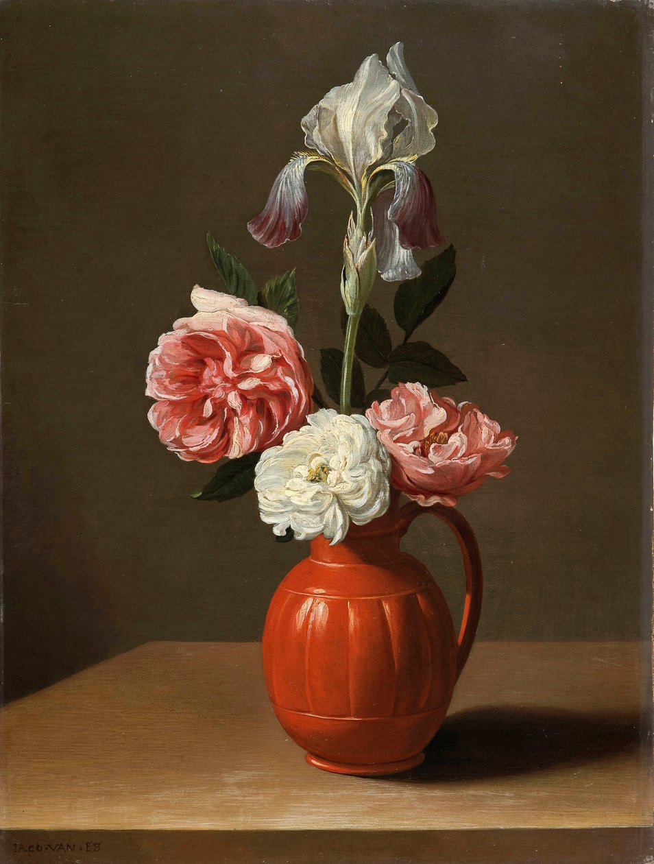 ""Kimppu iirisistä ja kolmesta ruususta fajanssiruukussa"" (Iiris ja kolme ruusua fajanssiruukussa) Jacob Foppens van Esin (noin 1596-1666) maalaus - Öljy puulle, koko 30x29 cm Fondation Custodia tekijältä Jacob  Foppens van Es