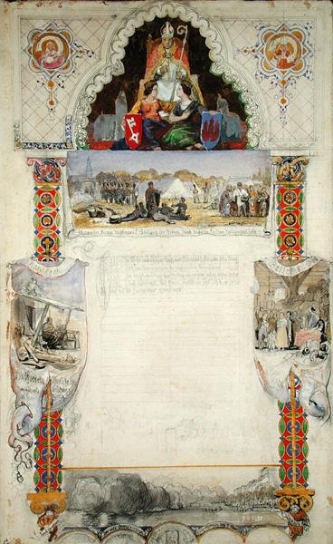 Suunnittelu kiitosasiakirjalle Bremeniin Hampurista, 1843 (lyijykynä, kynä ja muste ja wc paperilla) tekijältä Jacob Gensler