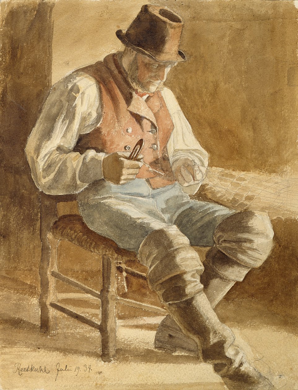 Kalastaja korjaa verkkoa, 1834 (kynä ja wc paperilla) tekijältä Jacob Gensler